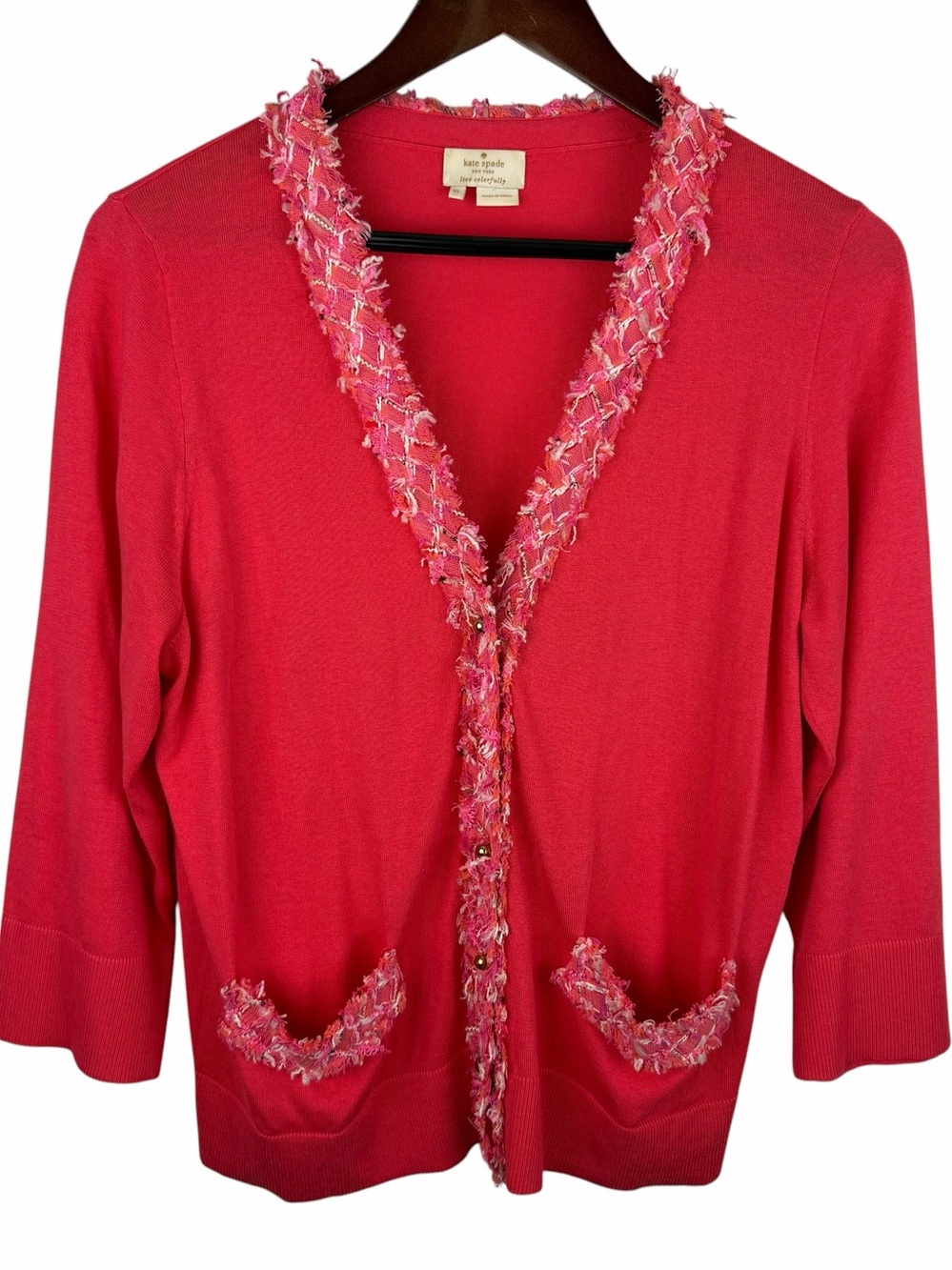 Kate Spade | Pink White Pink Fringe Trim Gold Tone Button Cadigan Sweater